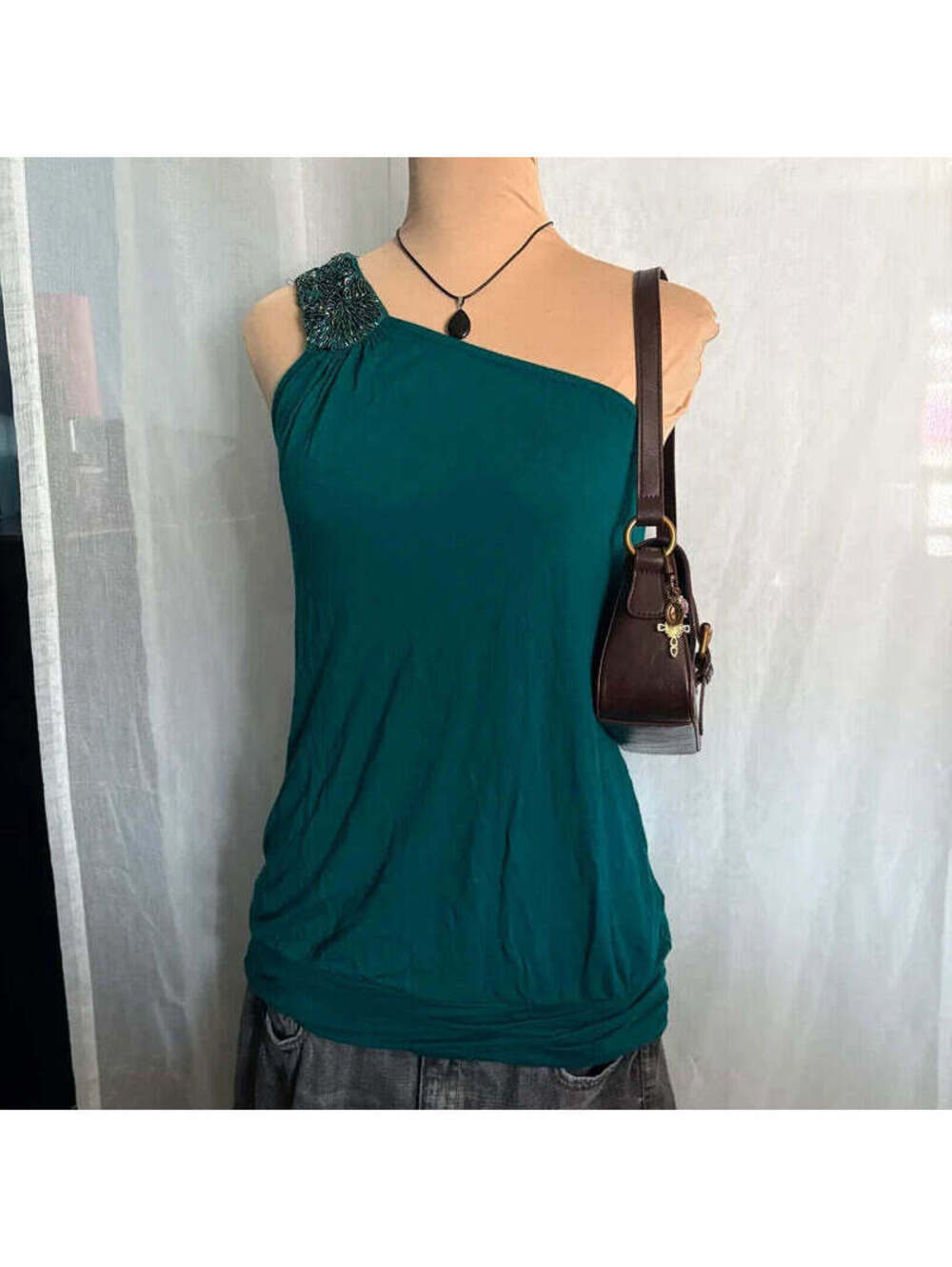 vintage y2k mcbling beaded one shoulder top